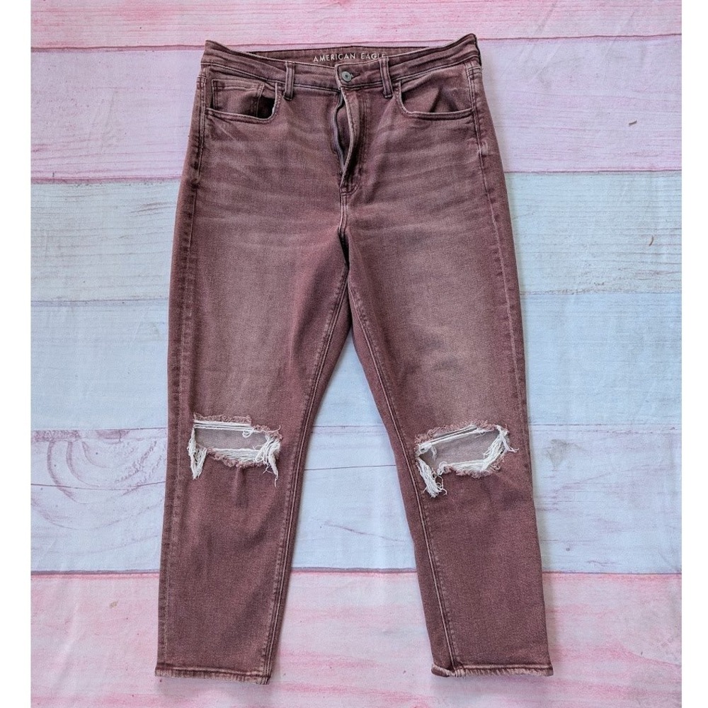 American Eagle High Waist Mom Jeans 14 Short Ripped Distressed Colored‎ Denim
